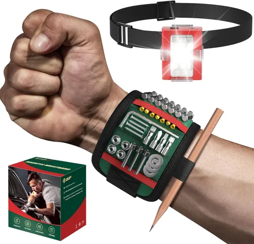 UUP Muñequera magnética con luz LED, correa de herramienta magnética para tornillo y uñas, soporte ajustable para herramientas de muñeca, regalos