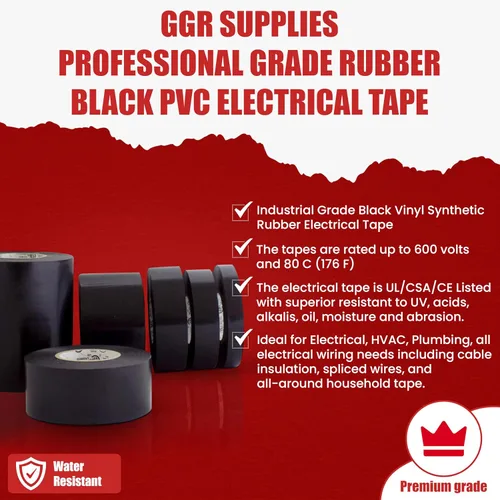 Miniatura 2 de GGR Supplies T.R.U. EL7566-AW, cinta adhesiva de grado profesional de PVC de goma negra, con clasificación hasta 600 voltios y 176 °F - UL/CSA/CE