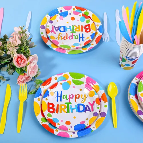 Miniatura 4 de Meanplan Sirve a 24 invitados con platos y servilletas de cumpleaños arcoíris con lunares, juego de vajilla de cumpleaños de lunares arcoíris