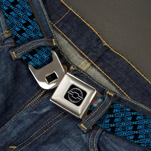Miniatura 2 de Buckle-Down Seatbelt Belt - Diagonal Retro Chevy Bowtie Monogram BlackBlues - 1.0" Wide - 20-36 Inches in Length