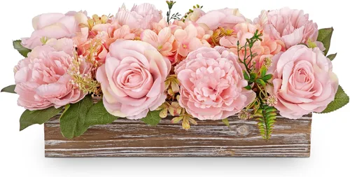 Miniatura 8 de DILATATA Arreglo floral con jarrón de madera, flores artificiales de 10 pulgadas en maceta, flores falsas en jarrón rectangular de madera blanco