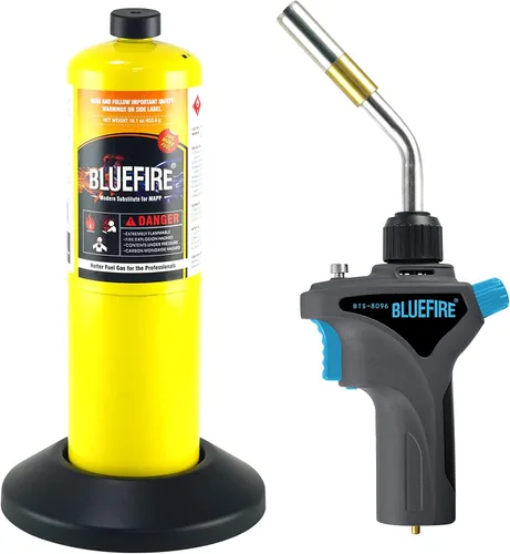 Miniatura 10 de BLUEFIRE - Antorcha de soldadura de gas con mango de metal, tubo reemplazable, combustible por MAPP MAP/PRO y propano, herramienta de grado