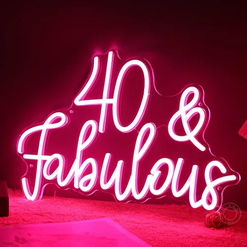 Miniatura 5 de SYLHOME Letrero de luz de neón LED rosa de 40 y fabuloso, letrero de decoración de pared para fiesta de cumpleaños de cuarenta años, letrero