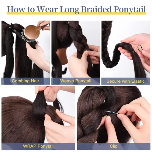 Miniatura 5 de YOGFIT 2 piezas Extensión de cola de caballo trenzada DIY, extensión de cola de caballo larga y lacia con envoltura natural, cabello sintético suave