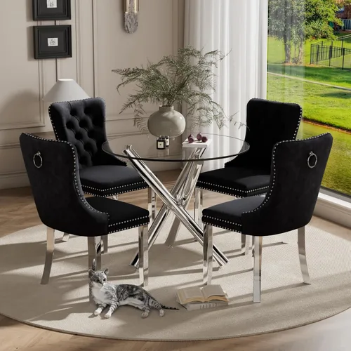 Miniatura 25 de Juego pequeño de mesa redonda con tapa de vidrio transparente para 2, 36'' Juego moderno de lujo para cenas circulares, 3 piezas Juego minimalista