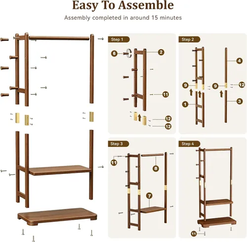 Miniatura 8 de Perchero de madera maciza con 2 estantes y 4 ganchos para colgar ropa, carteras, sombreros, estante de ropa resistente, perchero para abrigos