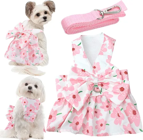 Miniatura 13 de Set de Vestido con Moño y Arnés con Correa para Perros Pequeños para Niñas, Ropa para Perros y Gatos Rosa Floral, Lindas Ropas para Cachorros, Ropa