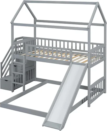 Miniatura 4 de Actual Literas de casa con tobogán, litera de madera maciza individual sobre cama individual con escaleras, techo, barandillas, cama alta de madera