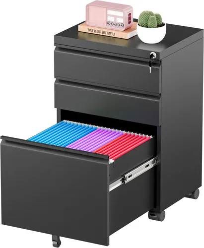 Greenvelly Archivador móvil de 3 cajones con cerradura, archivador de metal sobre ruedas, archivador debajo del escritorio para organizador de Negro