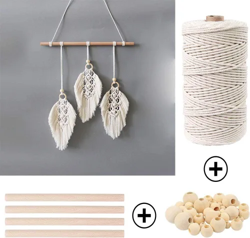 Miniatura 6 de Kit de macramé de 152 piezas para principiantes: cordón de macramé de algodón natural, anillos de madera y metal, cuentas, palos y aros, perfecto