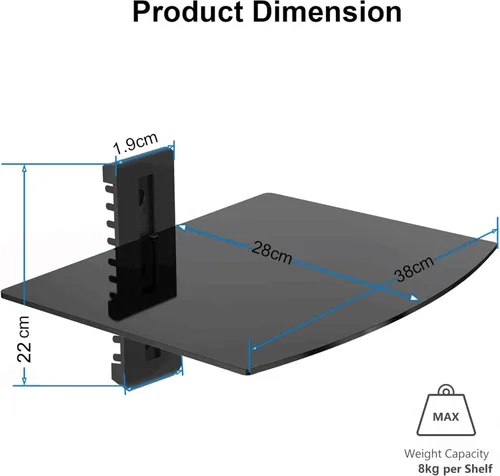 Miniatura 3 de suptek Estante flotante de vidrio, estante multimedia de 1 nivel para accesorios de TV, soporte de montaje en pared negro plano, capacidad