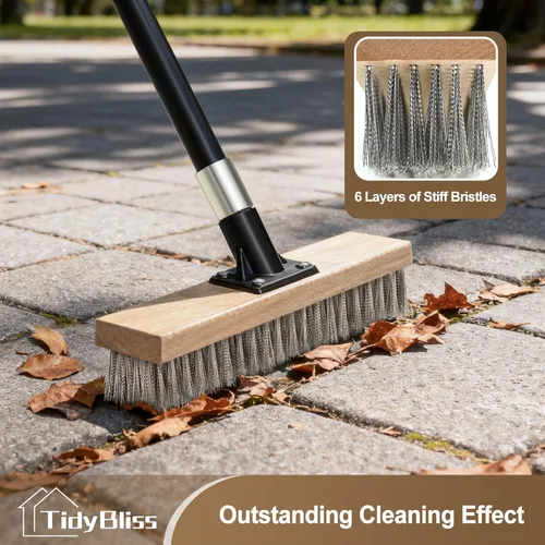 Miniatura 3 de TidyBliss Cepillo de alambre de acero inoxidable con mango largo, escoba rígida de metal resistente, removedor de musgo para exteriores para piso
