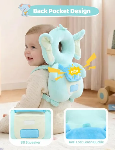 Miniatura 4 de JunNeng Mochila con protector de cabeza para bebé con sonajero, almohadilla de protección de seguridad para la cabeza de niño pequeño, Elefante azul