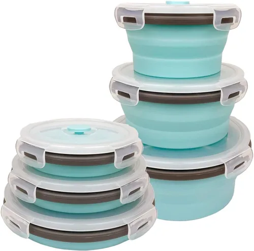 CARTINTS Recipientes plegables de silicona azul para almacenamiento de alimentos, tazones de preparación/almacenamiento con tapas, recipientes