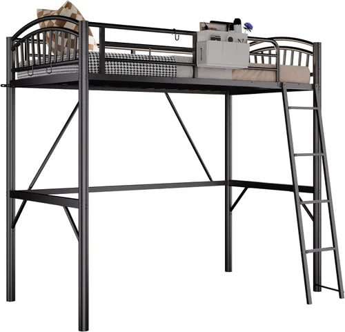 Miniatura 7 de Decofy - Cama elevada de metal tamaño individual, cama elevada con cajón lateral, escalera convertible y barandillas de seguridad de longitud