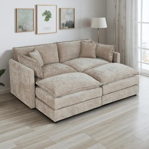 Miniatura 22 de Setawix Sofá Profundo de 3 Plazas con Otomana, Sofás de Nube en Forma de L de 112.2" para Sala de Estar, Sofá de Nube de Chenilla con Asiento Café