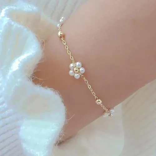 Miniatura 3 de Pulsera de oro para mujer, chapada en oro de 14 quilates, con cuentas de margaritas y perlas de tenis, joyería simple