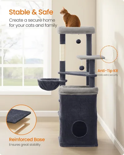 Miniatura 7 de Feandrea Árbol para gatos, torre para gatos de 60 pulgadas, condominio de felpa de varios niveles con 2 cuevas, 3 postes rascadores, 3 perchas, gris
