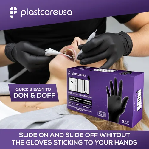 Miniatura 2 de PlastCare USA 100 o 1000 Guantes de látex para examen - Sin polvo, desechables, no estériles, agarre texturizado para uso médico, limpieza Negro
