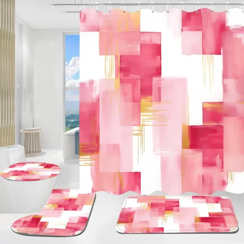 Miniatura 2 de Yddsky 4 Pcs Pink and Gold Geometric Shower Curtain Sets Non-Slip Bath Rugs, Bathroom Accessories,Bathroom Sets with Shower Curtain and Rugs, Pink