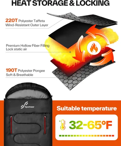 Miniatura 5 de Sportneer Saco de dormir portátil para adultos y niños - Caminable con cremalleras en los brazos, clima cálido e impermeable frío, compacto