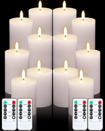 Miniatura 11 de VIHOSE Juego de 6 velas blancas sin llama con control remoto y temporizador, velas parpadeantes sin llama con batería, pilar LED de parte superior