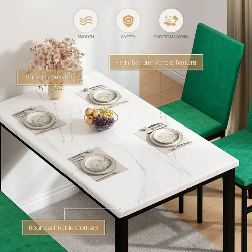 Miniatura 5 de YOFE Juego de mesa de comedor para 4, mesa de cocina de mármol sintético, juego de sillas de mesa de cocina con sillas de terciopelo, banco con red
