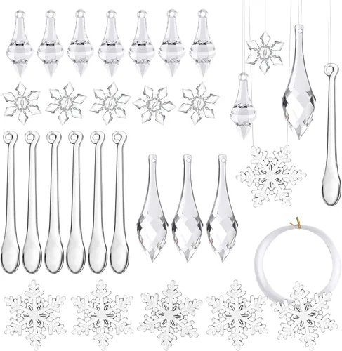 FEPITO Juego de 50 piezas de carámbanos acrílicos para decoración navideña, carámbanos colgantes, carámbanos de Navidad, copos de nieve para