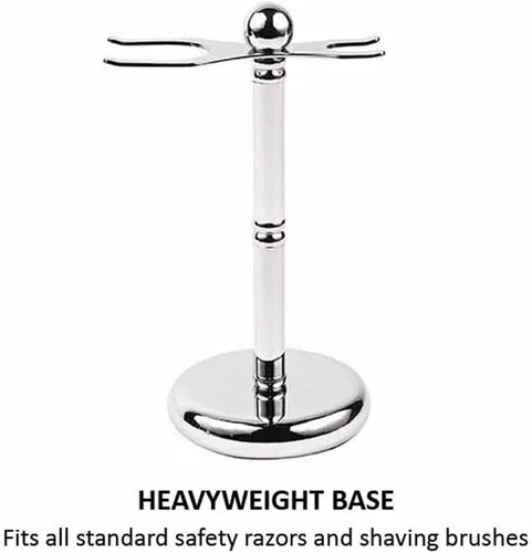 Parker Deluxe - Soporte cromado de seguridad para afeitar y cepillo de afeitar, soporte de exhibición cromado con peso para maquinillas de afeitar y