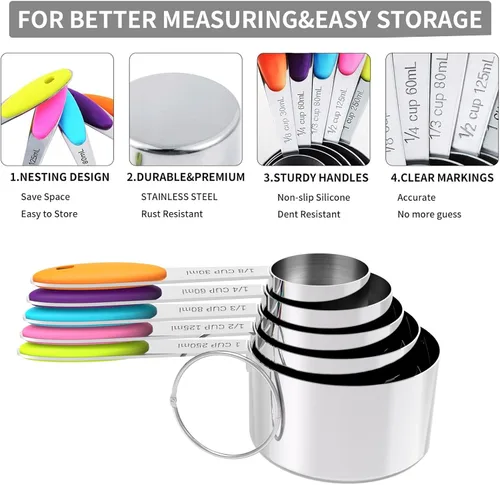 Miniatura 5 de TILUCK Juego de tazas y cucharas medidoras, acero inoxidable, utensilios de cocina para cocinar y hornear (10)