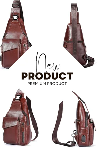 Miniatura 7 de Bolso bandolera pequeño de cuero para mujeres y hombres, bolsa cruzada, bolsa de pecho, mochila de viaje de hombro, resistente al agua, Caoba
