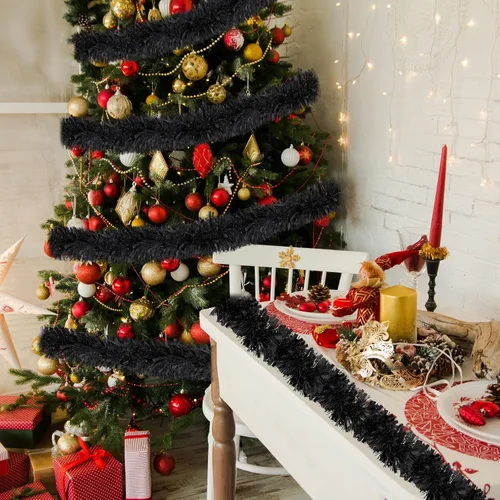 Miniatura 3 de Ceenna Guirnalda de oropel de Navidad de 150 pies, guirnalda metálica giratoria, brillante para colgar en el árbol de Navidad, suministros de Negro
