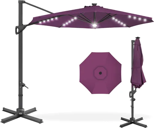 Best Choice Products Sombrilla de Patio Cantilever Solar LED de 10 pies, Rotación de 360 Grados, Sombrilla Colgante Offset de Mercado al Aire Libre