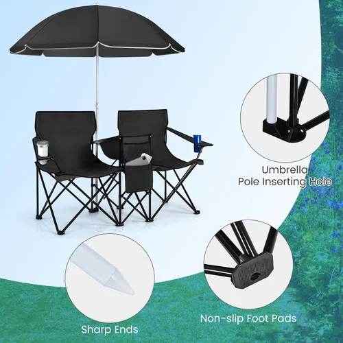 Miniatura 8 de Tangkula Sillas de campamento dobles con paraguas, silla de campamento plegable portátil de 2 asientos con bolsa enfriadora, soporte para bebidas