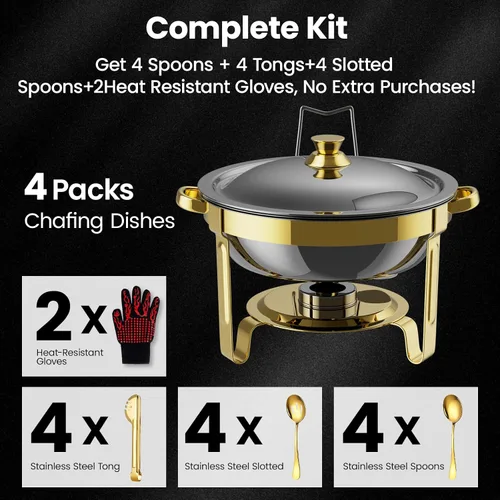 Miniatura 2 de Platos Calentadores Redondos para Buffet Paquete de 4, Chafers de 5QT y Calentadores de Buffet con 2 Guantes Resistentes al Calor, 4 Cucharas, 4