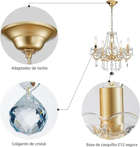Miniatura 3 de ANJIADENGSHI Mini Candelabro de Cristal K9 Cristal Dorado para Sala de Estar, Dormitorio, Comedor, Isla de Cocina, Entrada, 5 Bombillas E12, Alto
