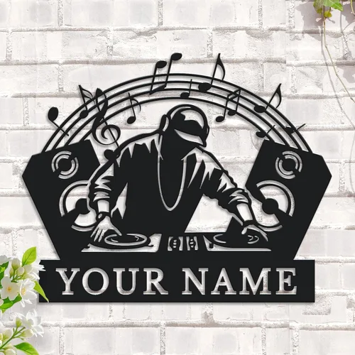 Miniatura 2 de Letrero de metal personalizado para DJ, arte de pared musical con nombre personalizado, decoración de estudio de disc jockey, regalo temático