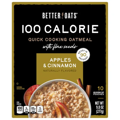 Miniatura 4 de Better Oats Paquetes de avena de 100 calorías de manzanas y canela, desayuno instantáneo con semillas de lino y sabor natural de manzana y canela