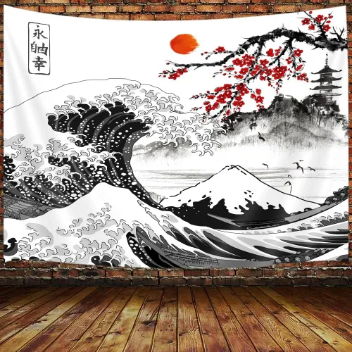 Miniatura 9 de Viajar Japanese Cherry Blossom Tapestry, Pink Sakura Landscape Wall Hanging with Red Moon Pagoda Bridge Waterfall, Asian Aesthetic Wall Decor for