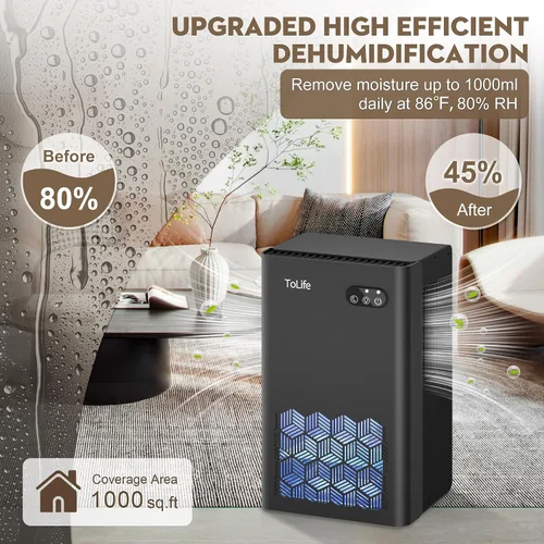 Miniatura 2 de ToLife Deshumidificador para el hogar, deshumidificadores de 1000 pies cuadrados para sótano, dormitorio, baño, con tanque de agua de 95 onzas