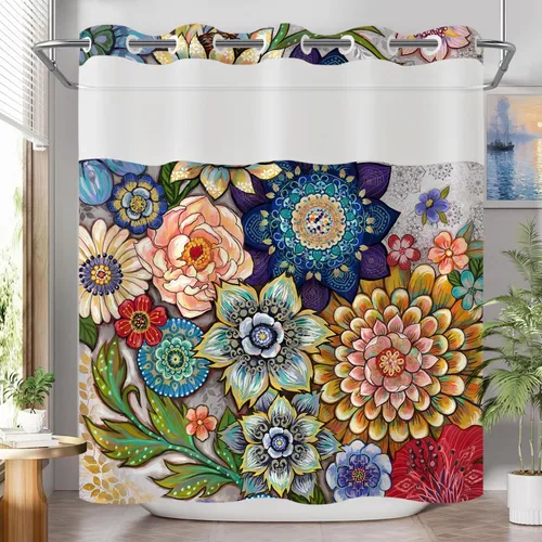 Miniatura 8 de Neasow Cortina de ducha sin gancho con forro a presión, cortinas de tela floral bohemia con forro interior impermeable con imanes ponderados