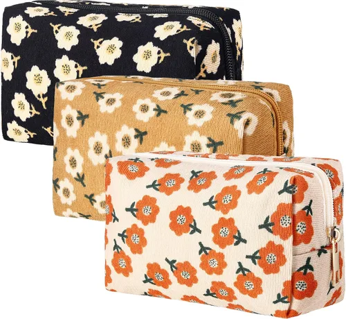 Miniatura 9 de Photect Juego de 3 bolsas de maquillaje floral para bolso, bolsa de lona de pana, pequeña bolsa de cosméticos para mujeres, mini artículos