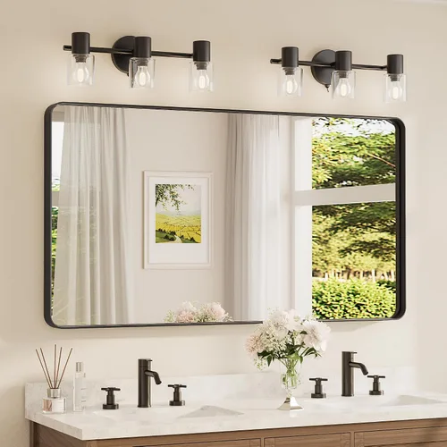 Miniatura 39 de TETOTE Espejo de marco dorado cepillado de 16 x 24 pulgadas, espejo de tocador de baño de latón dorado para pared, espejo enmarcado rectangular