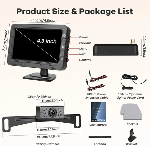 Miniatura 7 de Kit de cámara de respaldo inalámbrica y monitor Hikity, cámara de visión trasera de 4.3 pulgadas, impermeable IP68, visión nocturna, pantalla