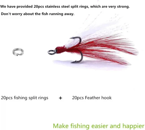 Miniatura 2 de Fishing Treble Hooks Feather Dressed: 20pcs/Box Feathered Treble Hook Size 2 4 6 8 with Split Rings Replacement for Fishing Lure Spinner Spoon