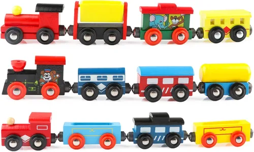 Wondertoys Juego de 12 trenes magnéticos de madera, incluye 3 motores y bolsa de almacenamiento, juego de tren de madera para niños pequeños