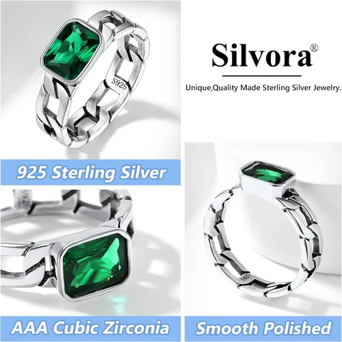 Miniatura 4 de Silvora Anillo de cadena de eslabones cubanos con circonita de plata de ley, regalo de compromiso de boda con embalaje delicado