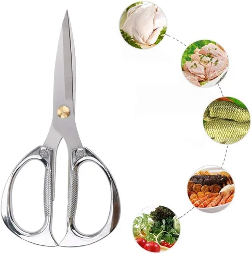 Miniatura 3 de Tijeras de cocina multiusos, tijeras de acero inoxidable resistentes con tijeras fuertes de borde recto (plateado)