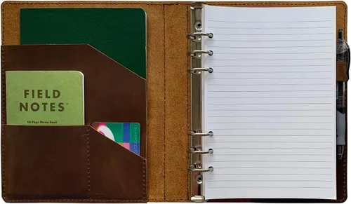 Miniatura 7 de Fan&Ran Diario de cuero recargable con papel rayado, carpeta A5 de 6 anillas, 100 hojas, marrón oscuro
