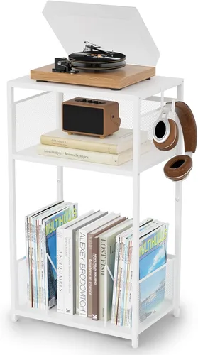 Miniatura 8 de Aduanbang Mesa auxiliar de 3 niveles, soporte para tocadiscos con almacenamiento de hasta 100 álbumes, soporte giratorio para vinilo, estante